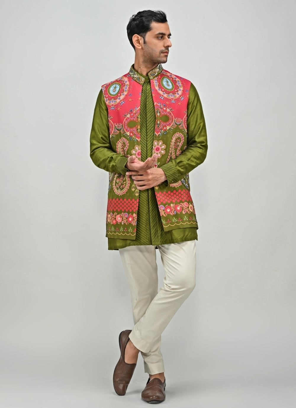 Olive Green Printed Embroidered Half Jacket Juhi Bengani - Men - Fabilicious Fashion