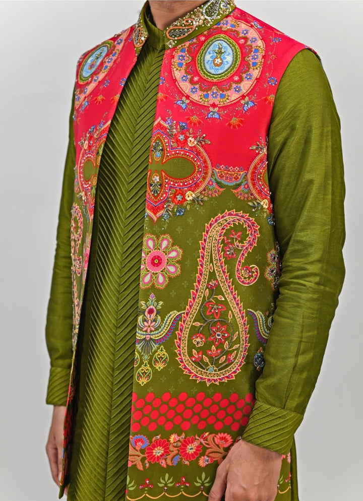 Olive Green Printed Embroidered Half Jacket Juhi Bengani - Men - Fabilicious Fashion