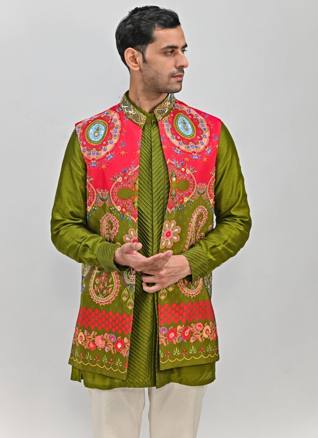 Olive Green Printed Embroidered Half Jacket Juhi Bengani - Men - Fabilicious Fashion