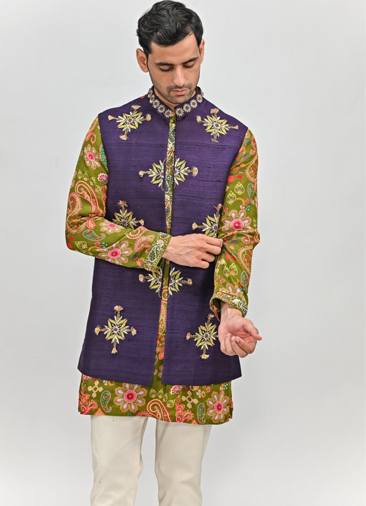 Olive Green Printed Kurta Set with Plum Jacket Juhi Bengani - Men - Fabilicious Fashion