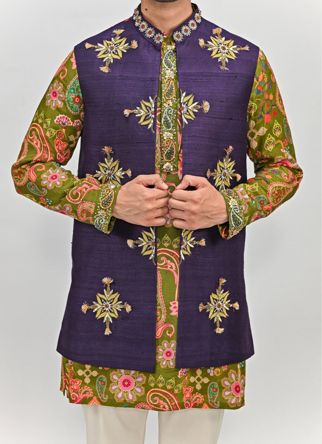 Olive Green Printed Kurta Set with Plum Jacket Juhi Bengani - Men - Fabilicious Fashion