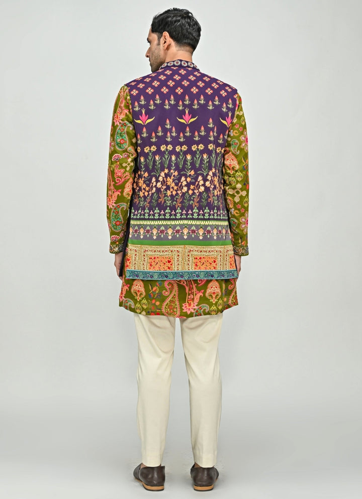 Olive Green Printed Kurta Set with Plum Jacket Juhi Bengani - Men - Fabilicious Fashion