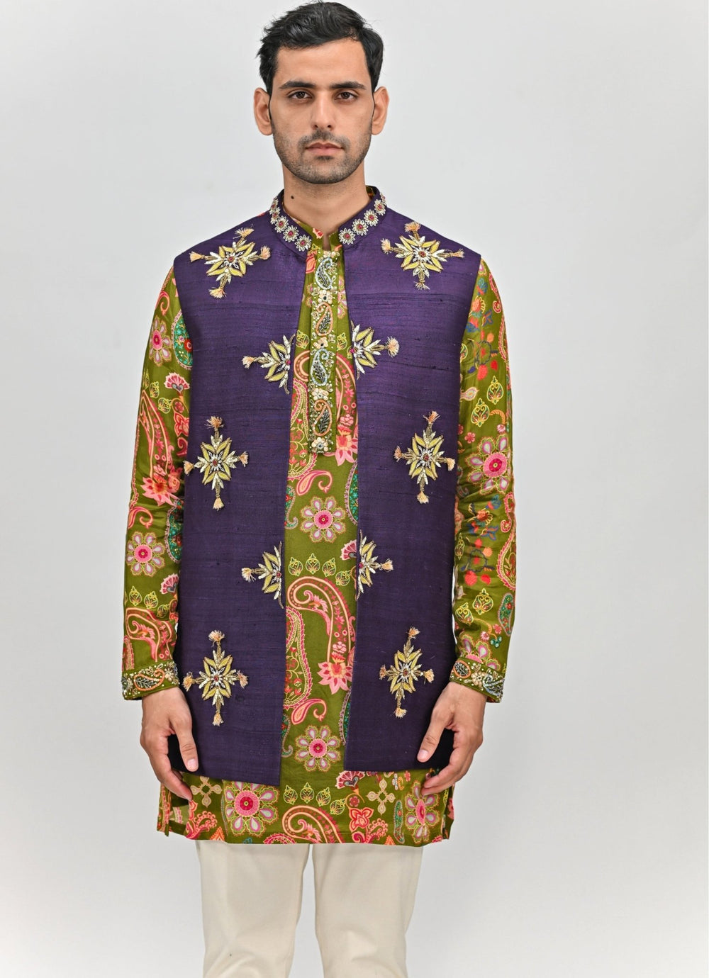Olive Green Printed Kurta Set with Plum Jacket Juhi Bengani - Men - Fabilicious Fashion