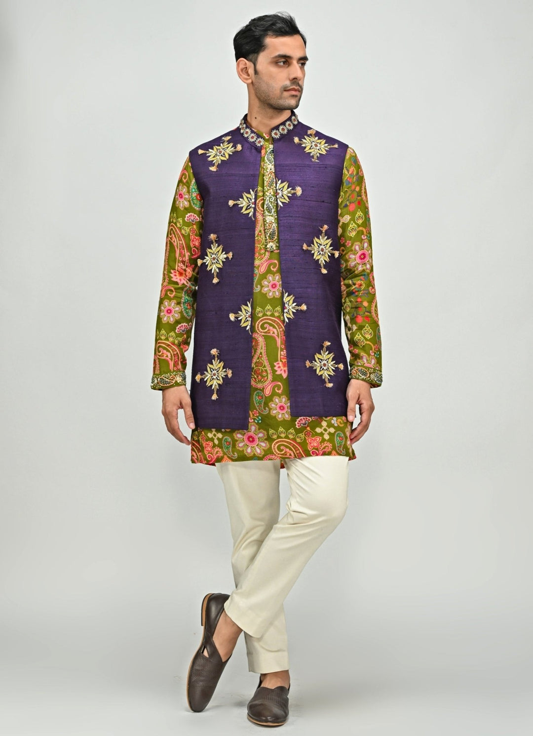 Olive Green Printed Kurta Set with Plum Jacket Juhi Bengani - Men - Fabilicious Fashion