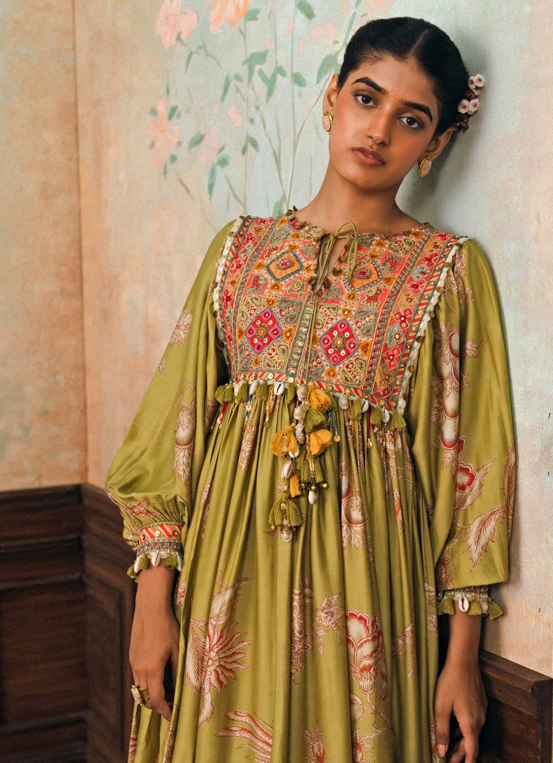 Paulmi and Harsh Olive Green Printed Silk Maxi DressFabilicious Fashion