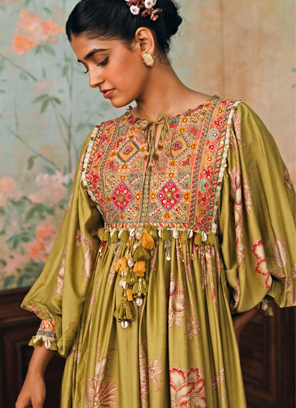 Paulmi and Harsh Olive Green Printed Silk Maxi DressFabilicious Fashion