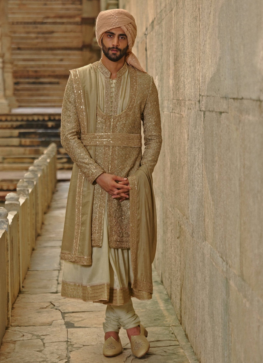 Olive Green Raw Silk Sherwani Set Nitika Gujral - Men - Fabilicious Fashion