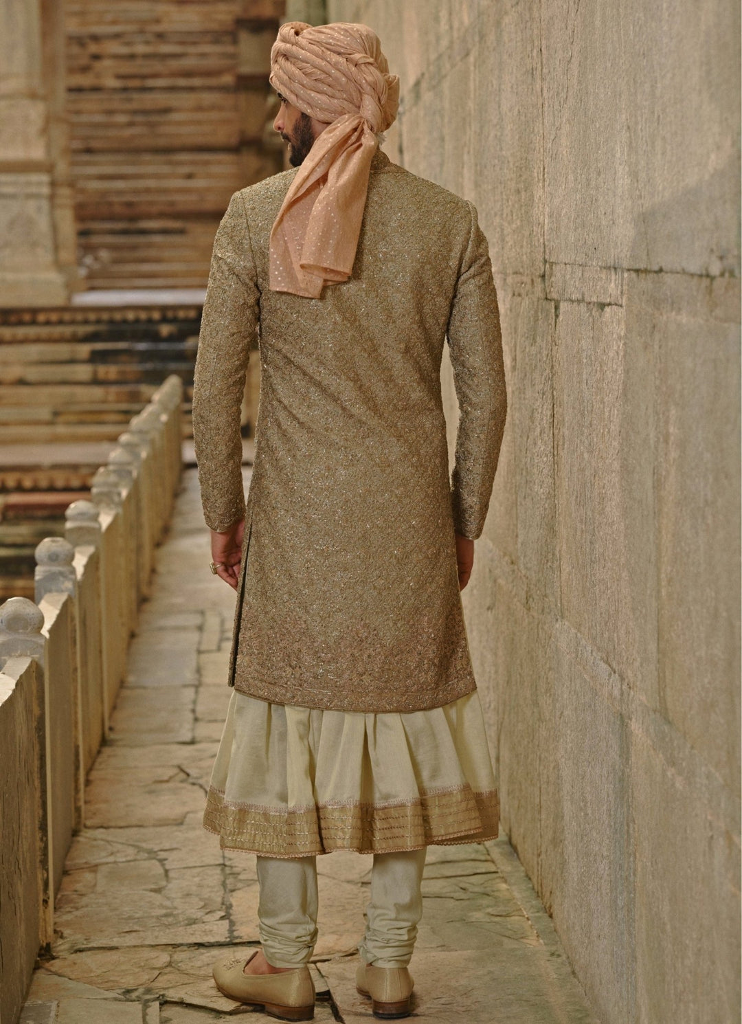 Olive Green Raw Silk Sherwani Set Nitika Gujral - Men - Fabilicious Fashion