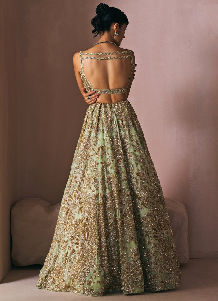 Olive Green Satin Organza Embroidered Lehenga Set Angad Singh - Fabilicious Fashion