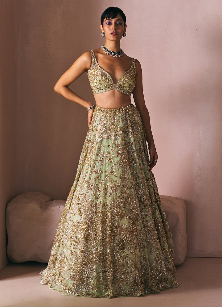 Olive Green Satin Organza Embroidered Lehenga Set Angad Singh - Fabilicious Fashion