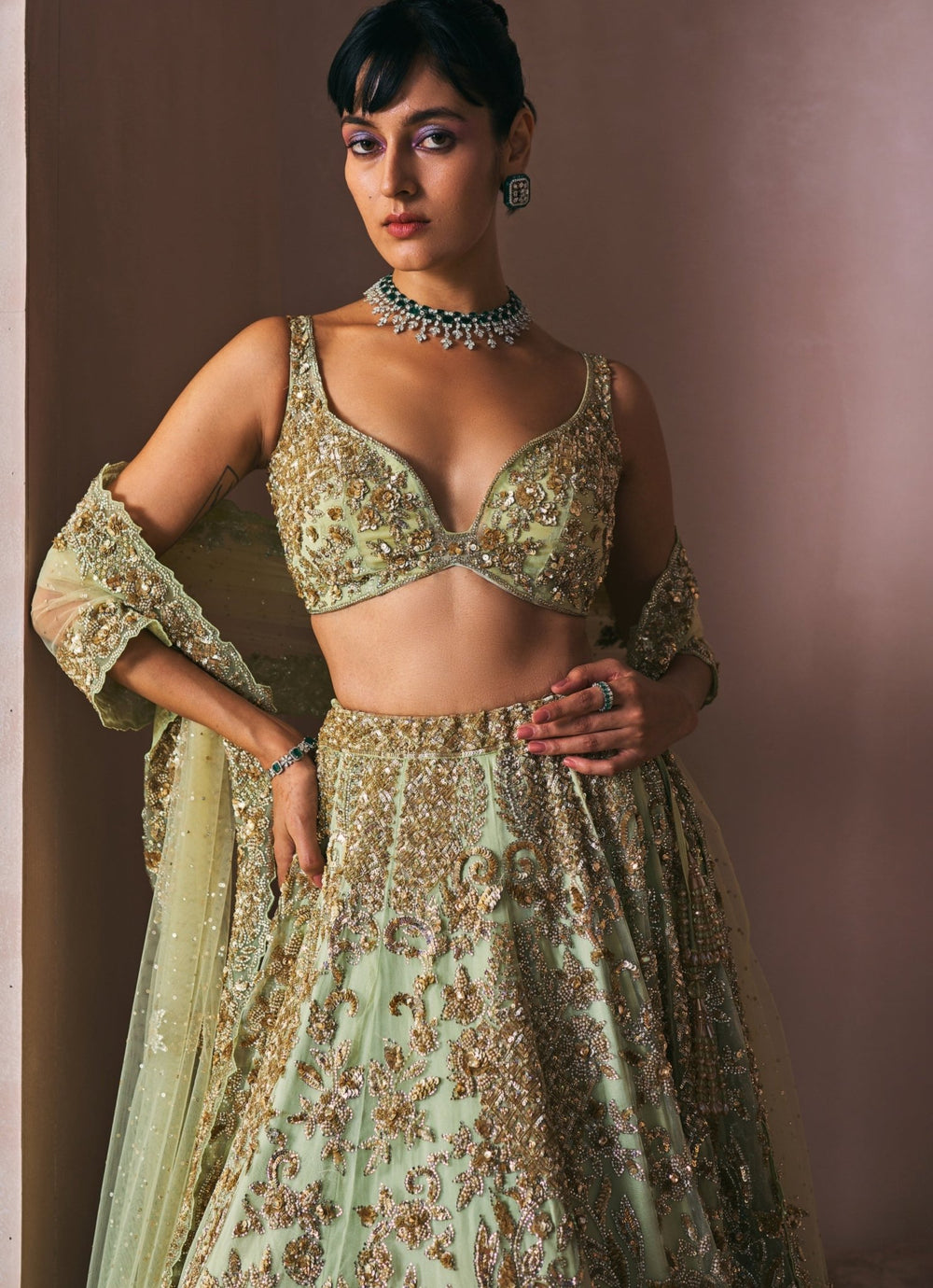 Olive Green Satin Organza Embroidered Lehenga Set Angad Singh - Fabilicious Fashion