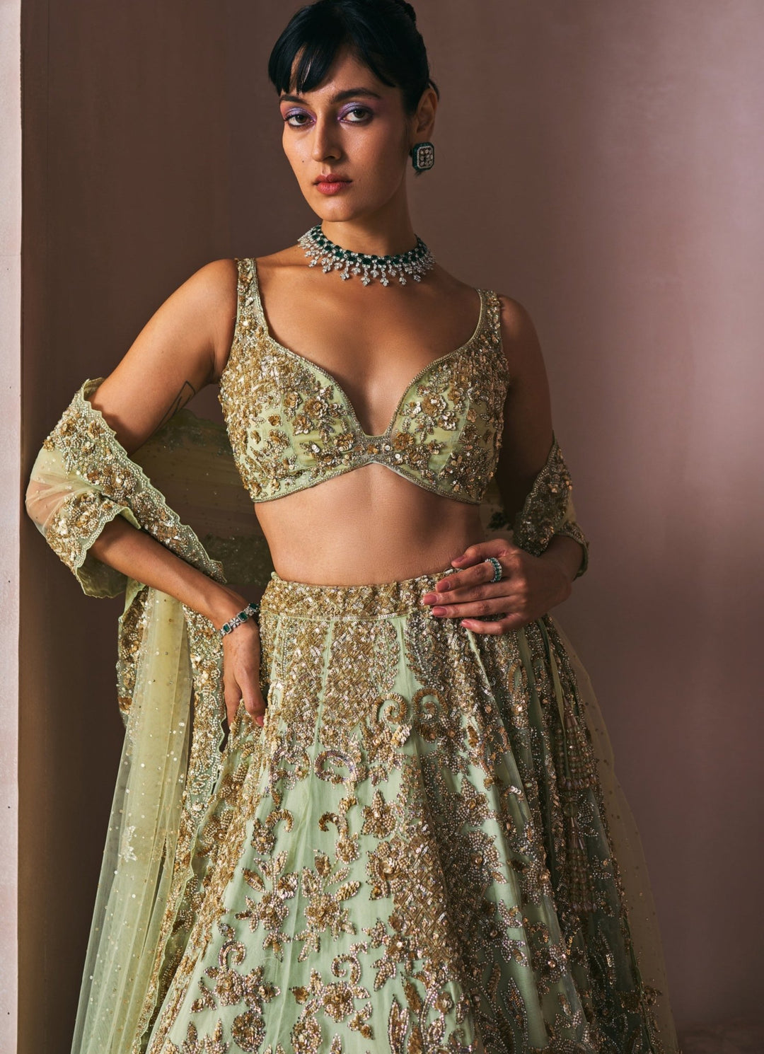Olive Green Satin Organza Embroidered Lehenga Set Angad Singh - Fabilicious Fashion