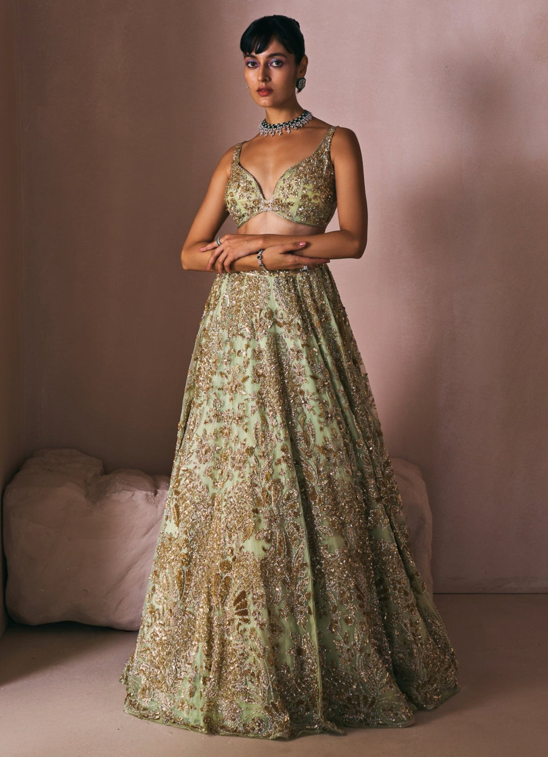 Olive Green Satin Organza Embroidered Lehenga Set Angad Singh - Fabilicious Fashion