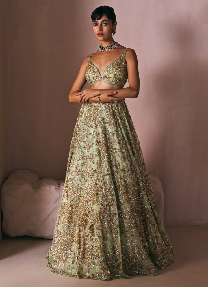 Olive Green Satin Organza Embroidered Lehenga Set Angad Singh - Fabilicious Fashion