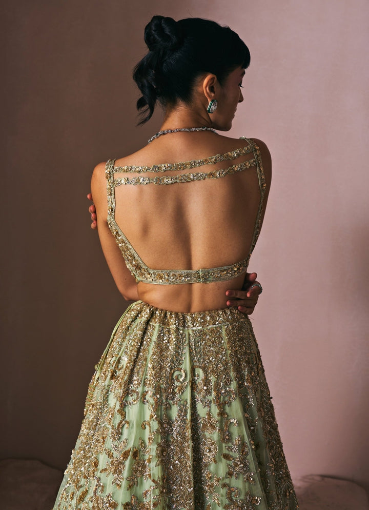 Olive Green Satin Organza Embroidered Lehenga Set Angad Singh - Fabilicious Fashion