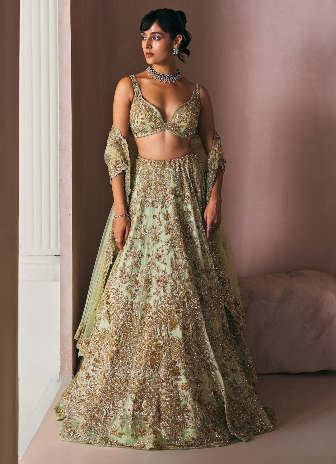 Olive Green Satin Organza Embroidered Lehenga Set Angad Singh - Fabilicious Fashion