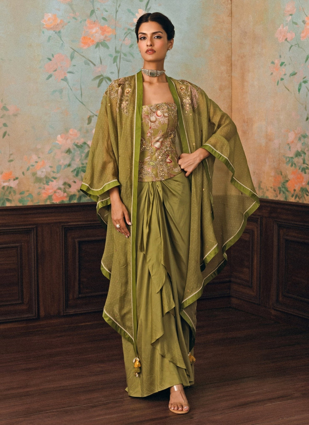 Paulmi and Harsh Olive Green Silk Drape Skirt Set With Corset And CapeFabilicious Fashion