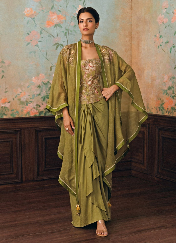 Paulmi and Harsh Olive Green Silk Drape Skirt Set With Corset And CapeFabilicious Fashion
