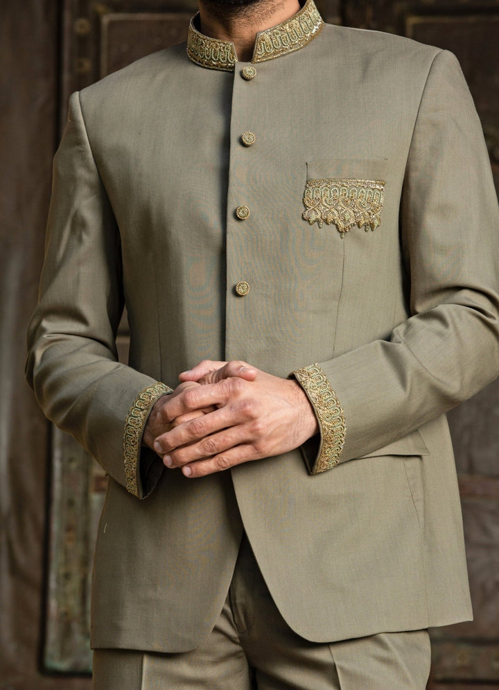 Olive Green Suiting Jodhpuri Set Nitika Gujral - Men - Fabilicious Fashion