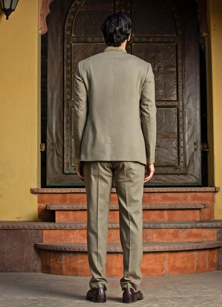 Olive Green Suiting Jodhpuri Set Nitika Gujral - Men - Fabilicious Fashion
