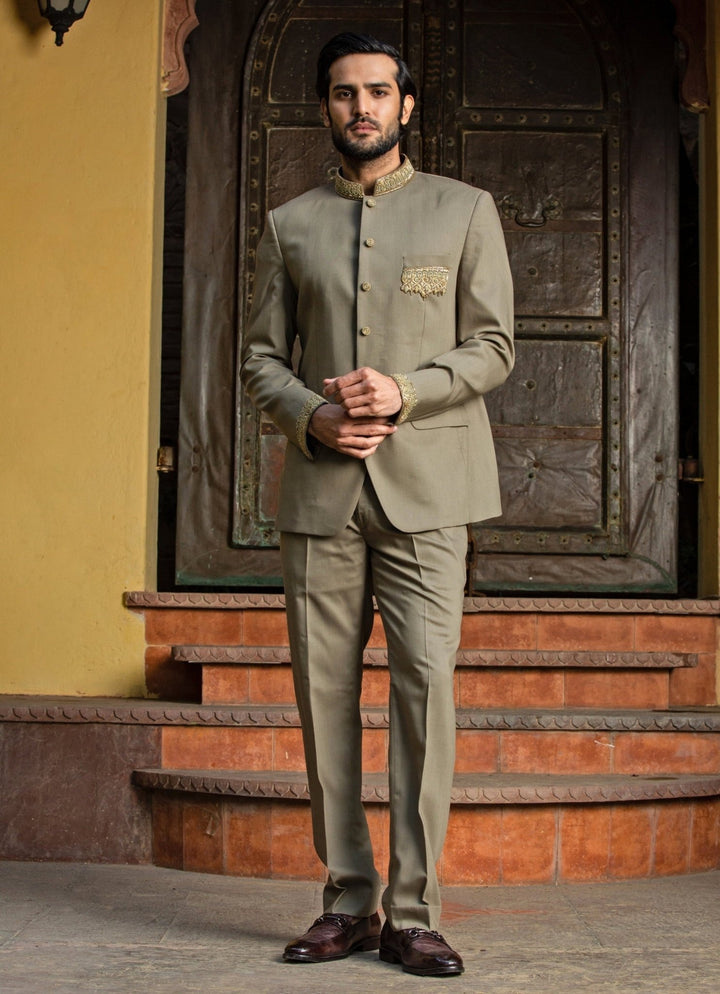 Olive Green Suiting Jodhpuri Set Nitika Gujral - Men - Fabilicious Fashion