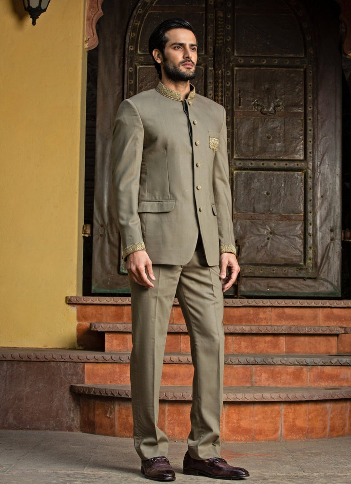 Olive Green Suiting Jodhpuri Set Nitika Gujral - Men - Fabilicious Fashion
