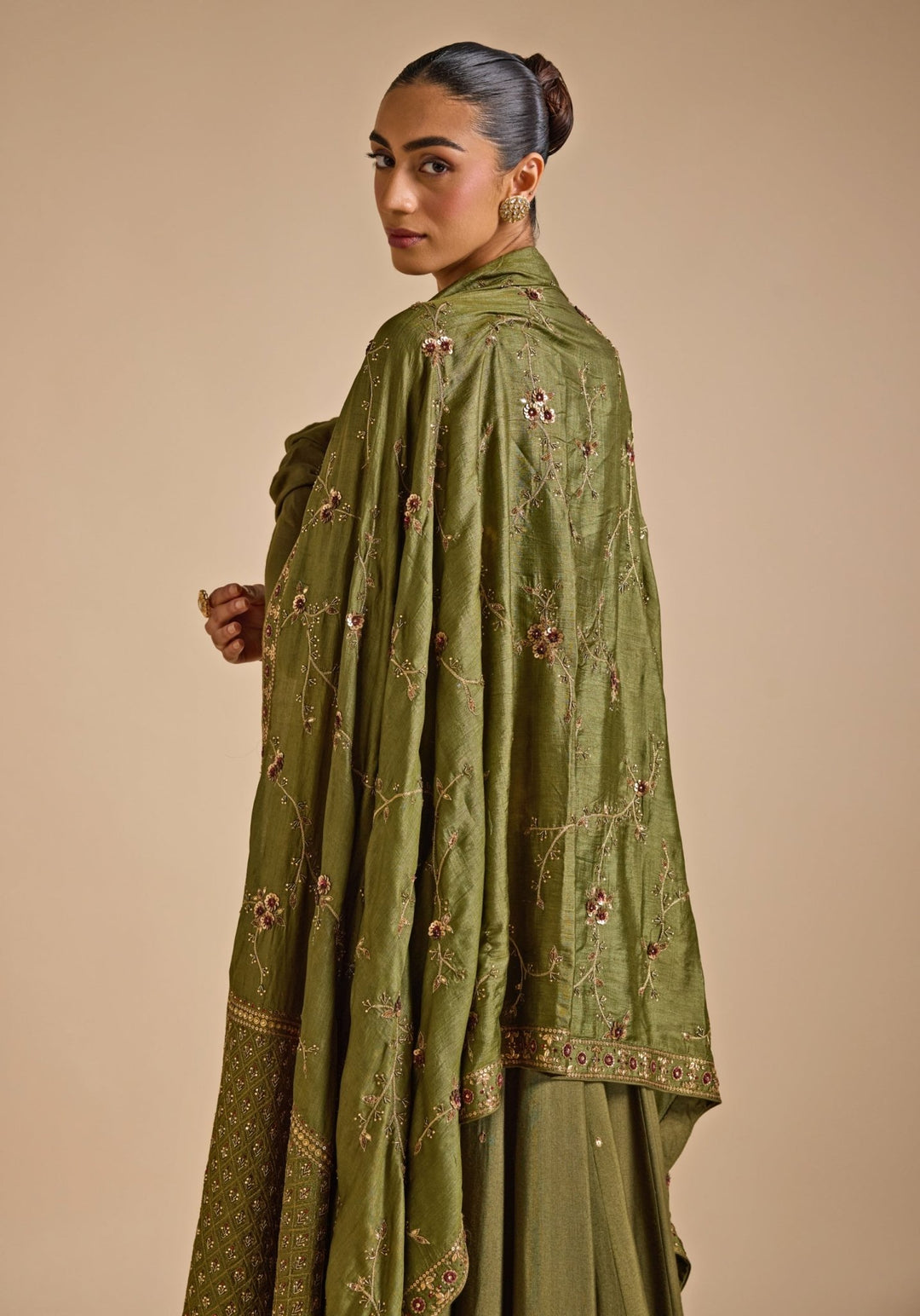 Olive Green Tussar Silk Anarkali set Prevasu - Fabilicious Fashion