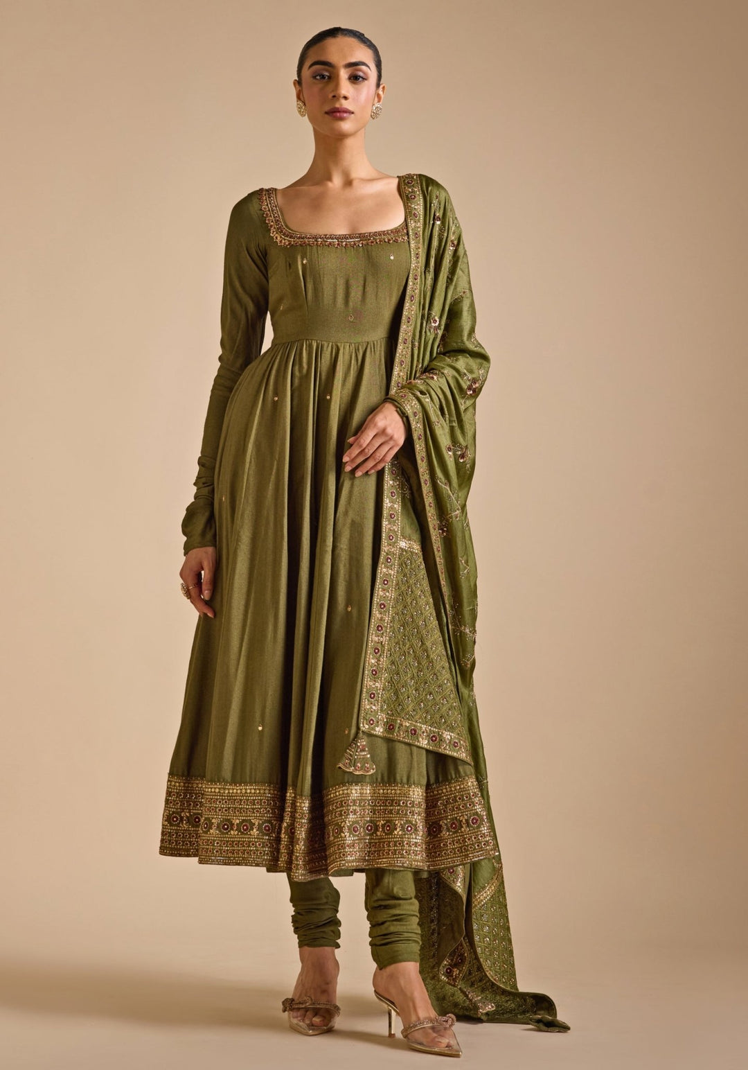 Olive Green Tussar Silk Anarkali set Prevasu - Fabilicious Fashion