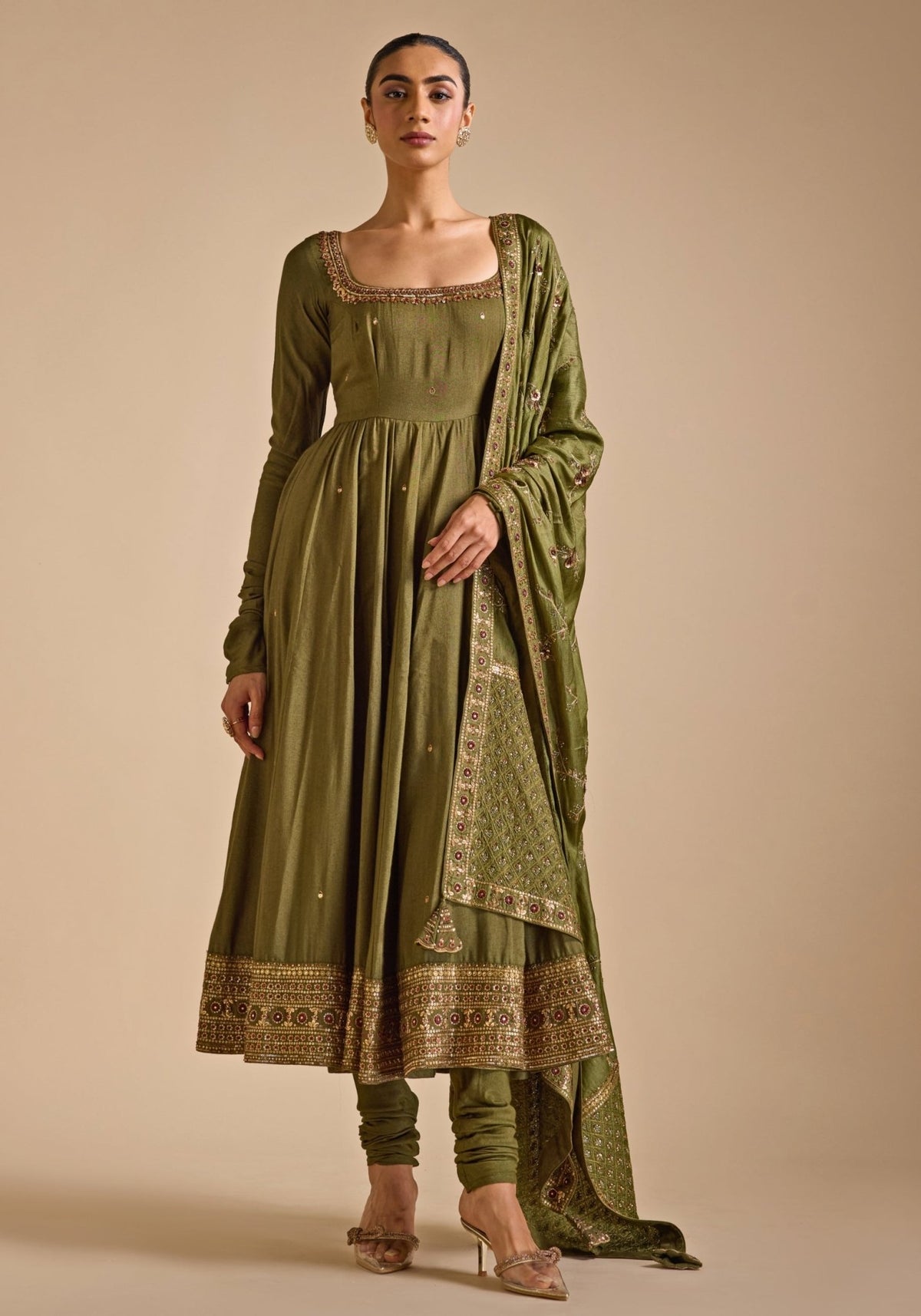 Prevasu Olive Green Tussar Silk Anarkali for a henna night in Saudi Arabia