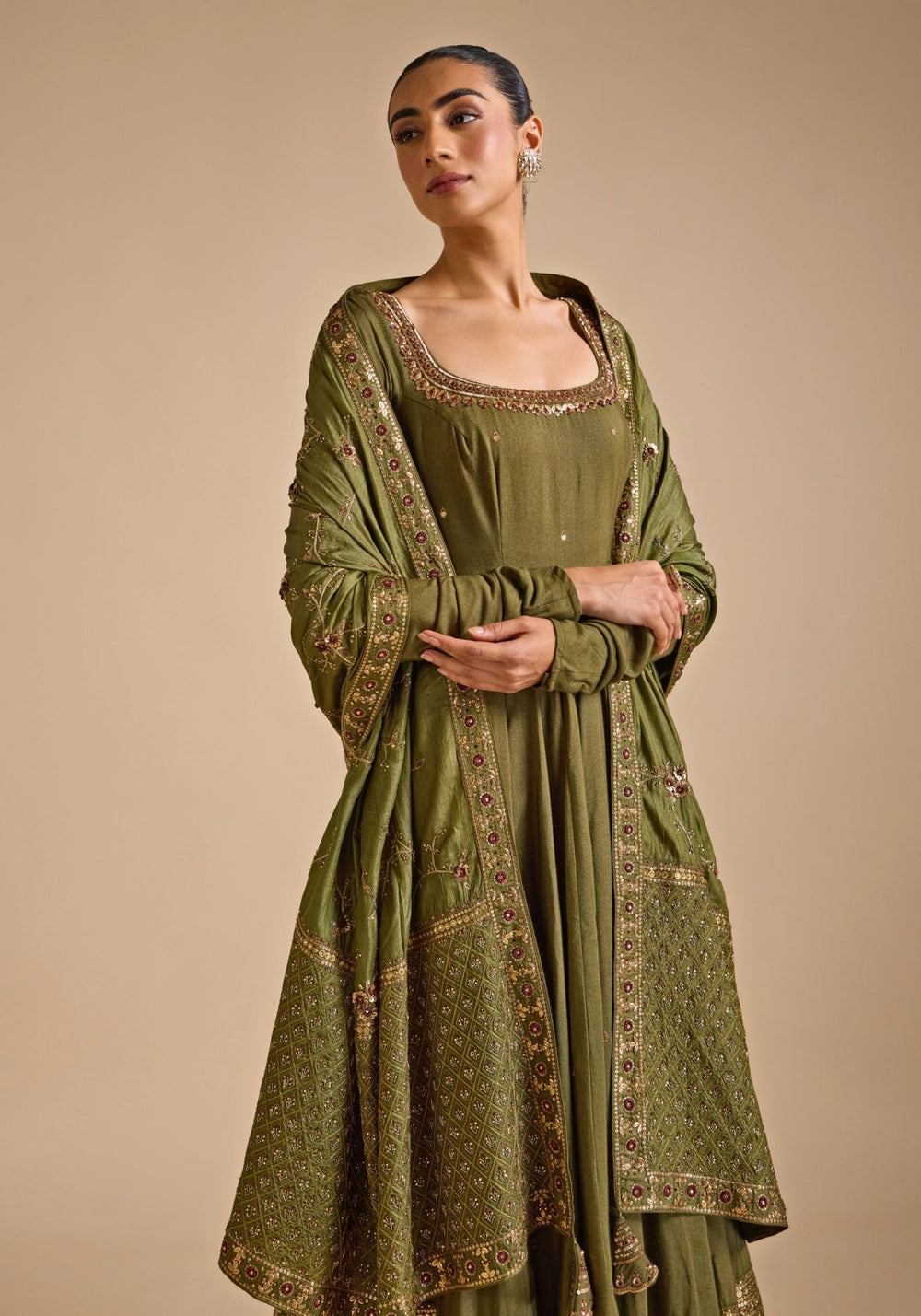 Olive Green Tussar Silk Anarkali set Prevasu - Fabilicious Fashion