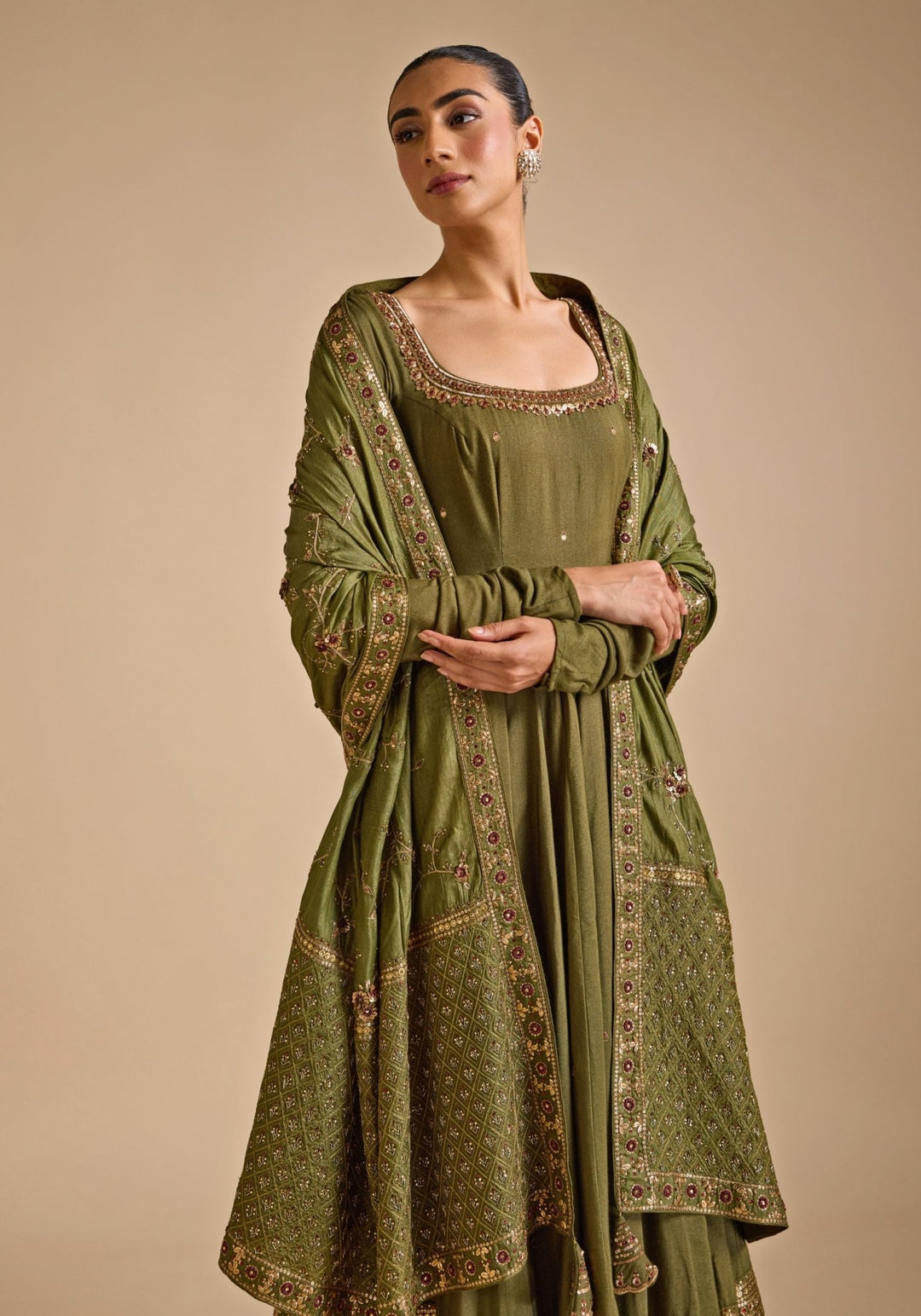 Olive Green Tussar Silk Anarkali set Prevasu - Fabilicious Fashion