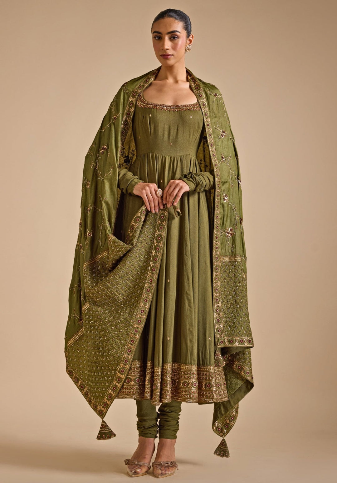 Olive Green Tussar Silk Anarkali set Prevasu - Fabilicious Fashion