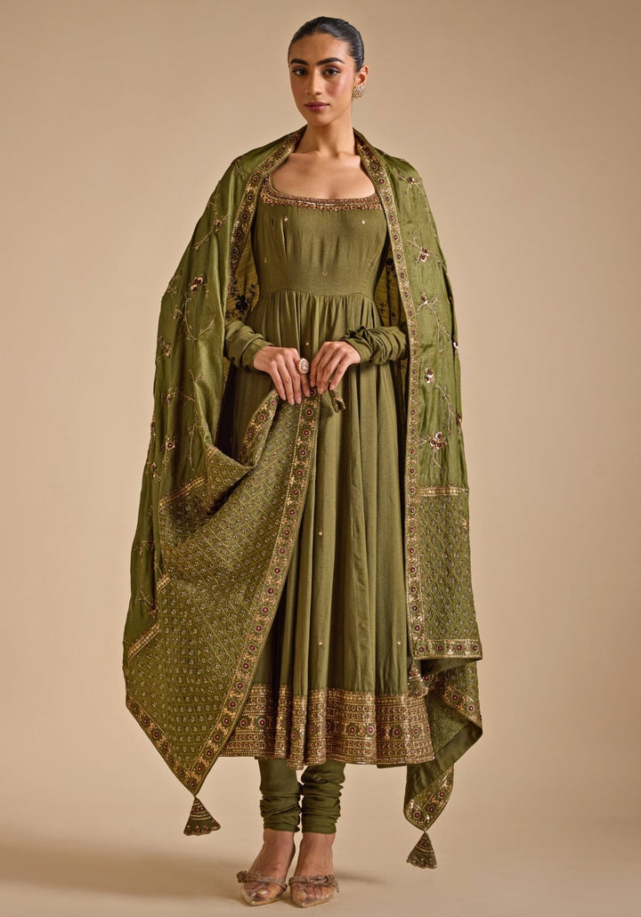 Olive Green Tussar Silk Anarkali set Prevasu - Fabilicious Fashion