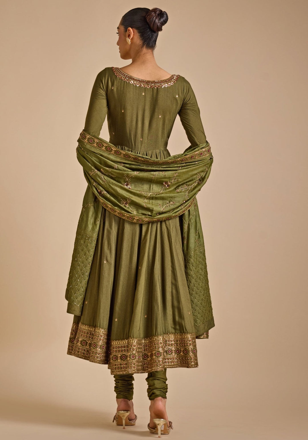 Olive Green Tussar Silk Anarkali set Prevasu - Fabilicious Fashion