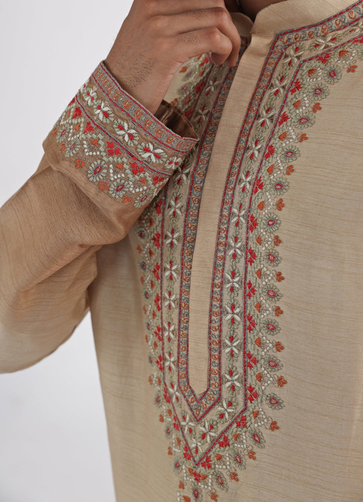 Ombre Beige Embroidered Silk Kurta Pant Set Smriti - Fabilicious Fashion
