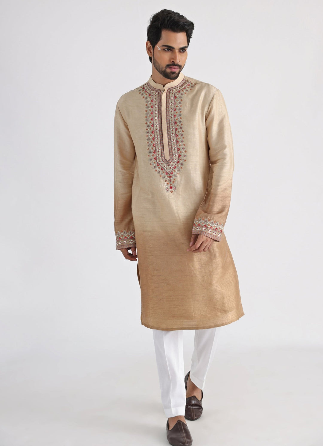 Ombre Beige Embroidered Silk Kurta Pant Set Smriti - Fabilicious Fashion