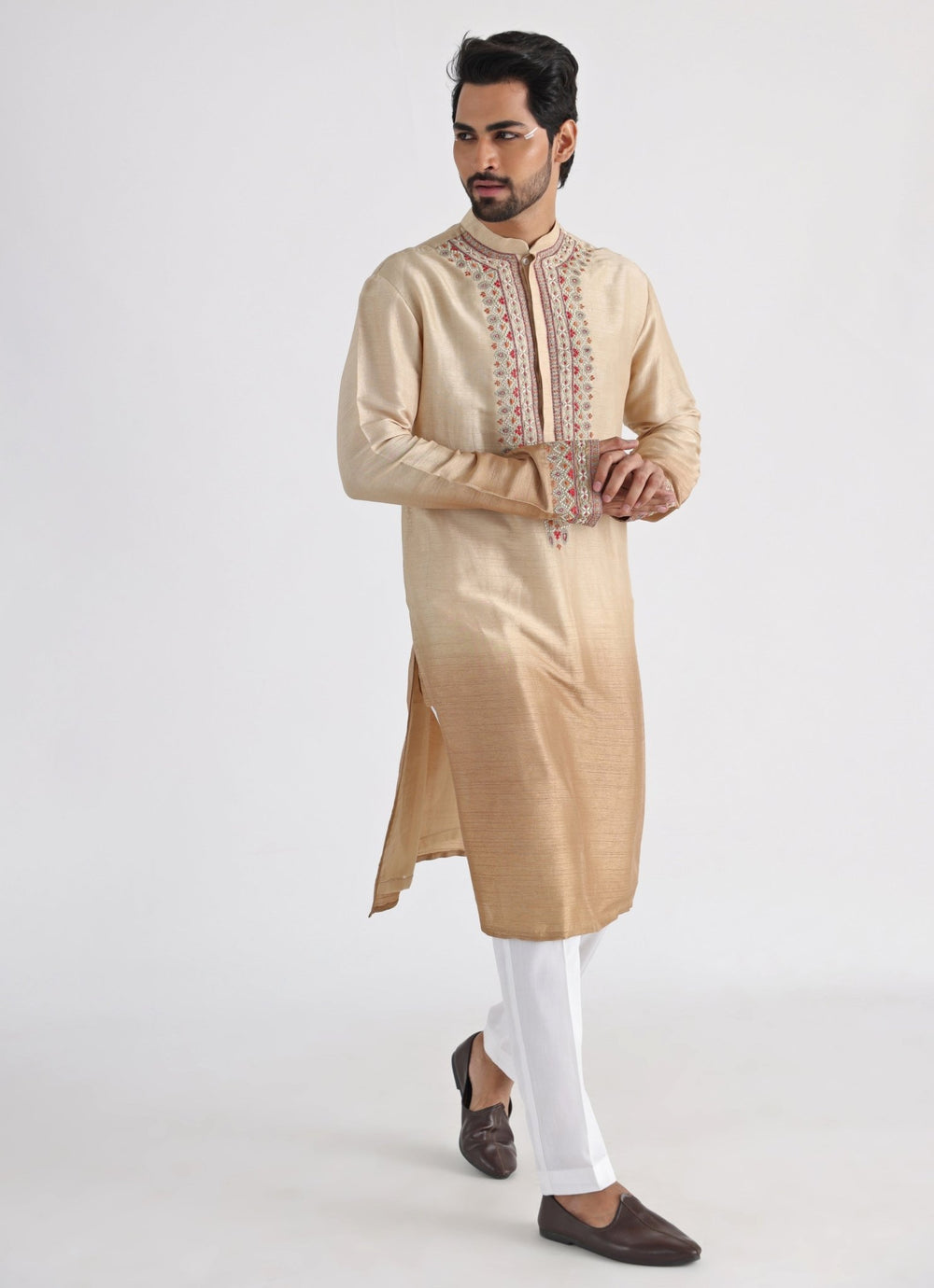 Ombre Beige Embroidered Silk Kurta Pant Set Smriti - Fabilicious Fashion