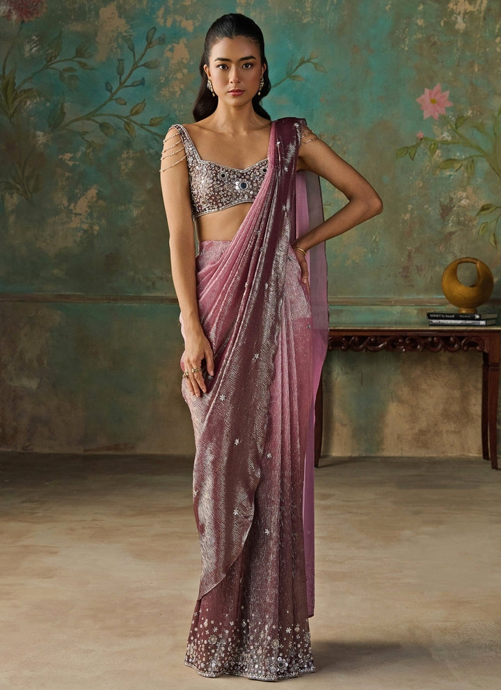 Zoon Tribe Onion Pink Foil Georgette Pre-Draped SareeFabilicious Fashion