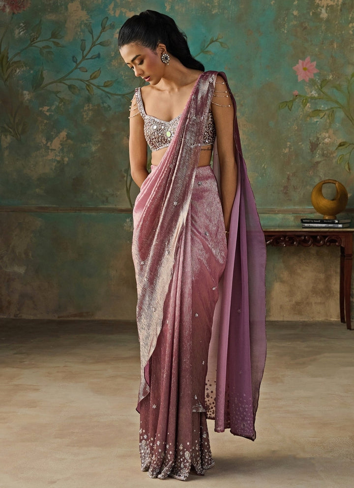 Zoon Tribe Onion Pink Foil Georgette Pre-Draped SareeFabilicious Fashion