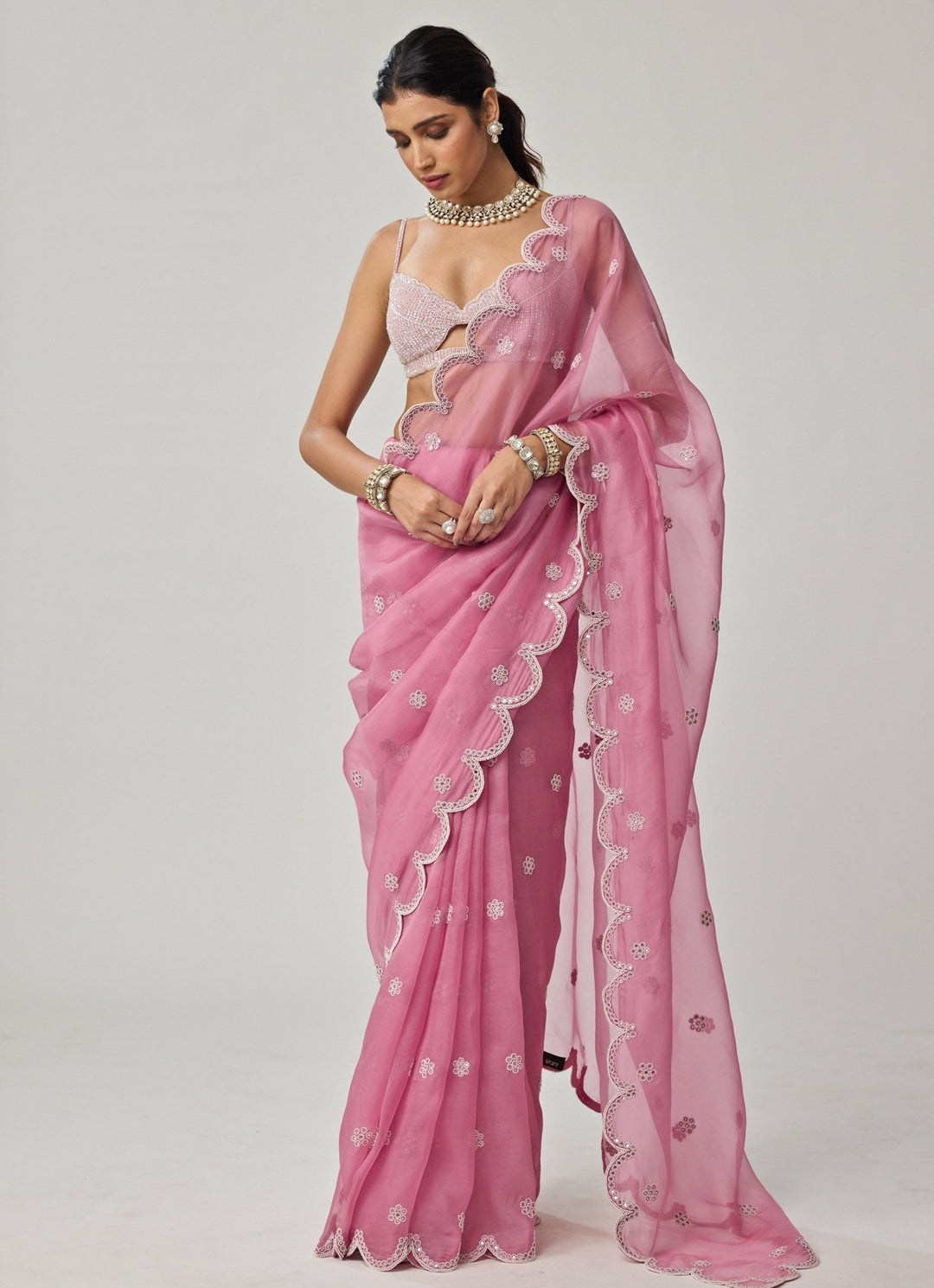 Onion Pink Pearl Organza Saree Set Vvani by Vani Vats - Fabilicious Fashion