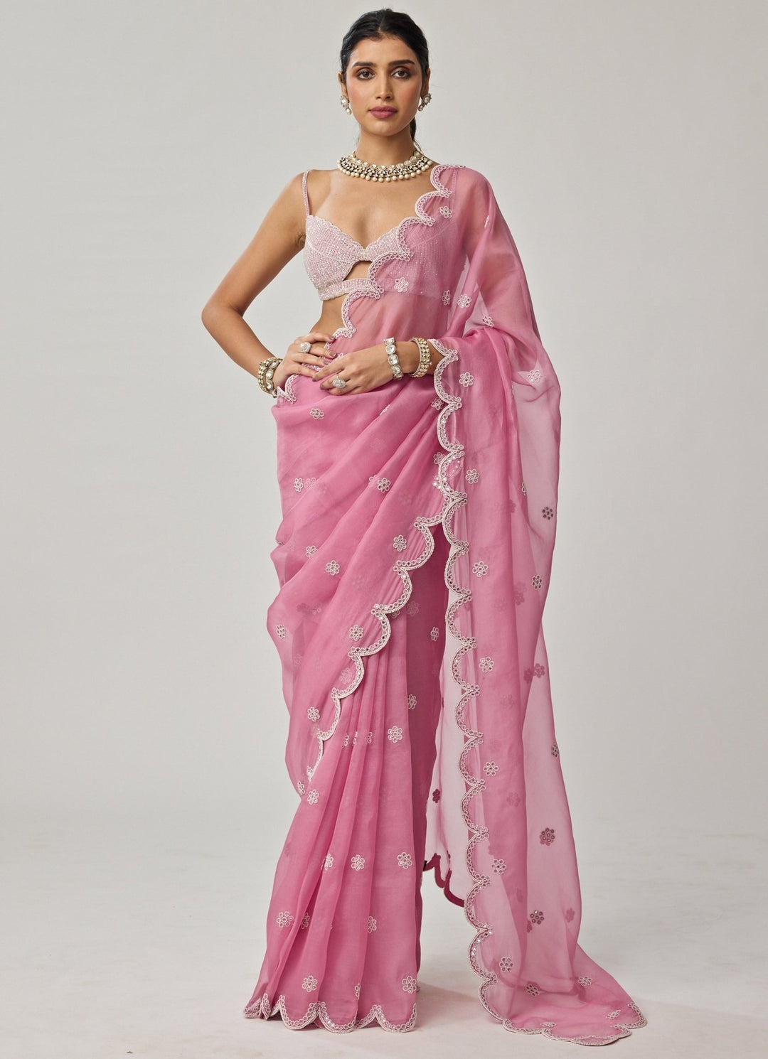 Onion Pink Pearl Organza Saree Set Vvani by Vani Vats - Fabilicious Fashion