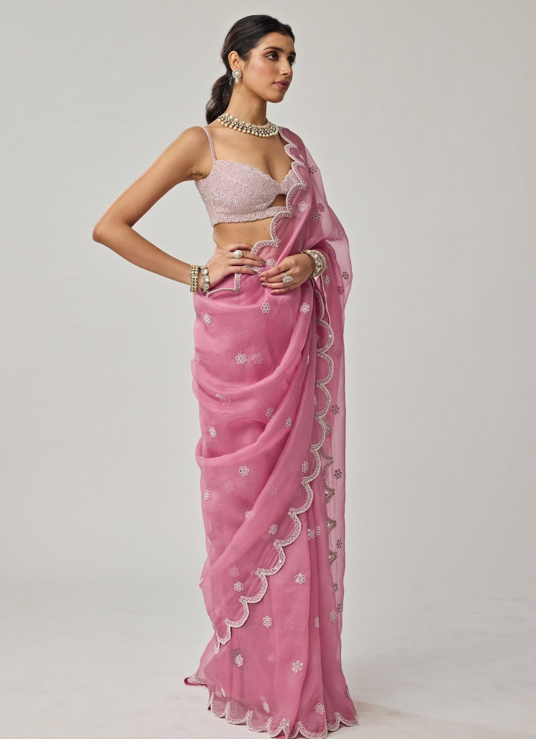 Onion Pink Pearl Organza Saree Set Vvani by Vani Vats - Fabilicious Fashion
