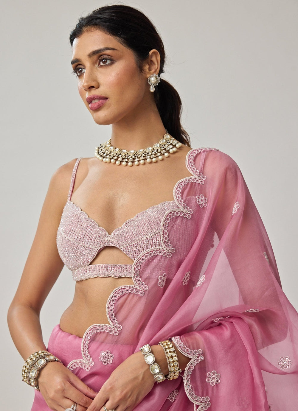 Onion Pink Pearl Organza Saree Set Vvani by Vani Vats - Fabilicious Fashion