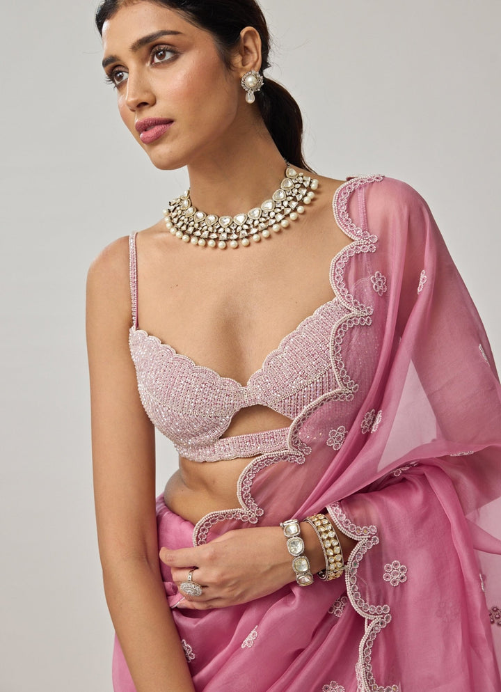 Onion Pink Pearl Organza Saree Set Vvani by Vani Vats - Fabilicious Fashion