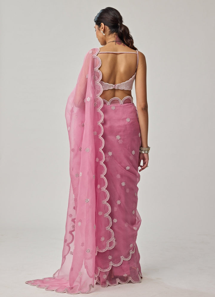 Onion Pink Pearl Organza Saree Set Vvani by Vani Vats - Fabilicious Fashion