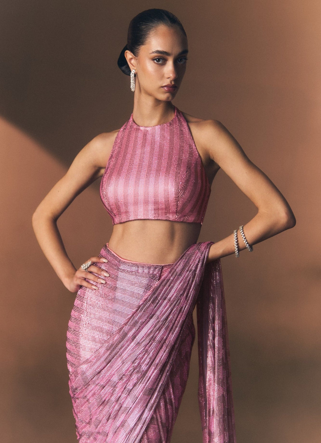 Angad Singh Onion Pink Soft Net Pre-Draped SareeFabilicious Fashion