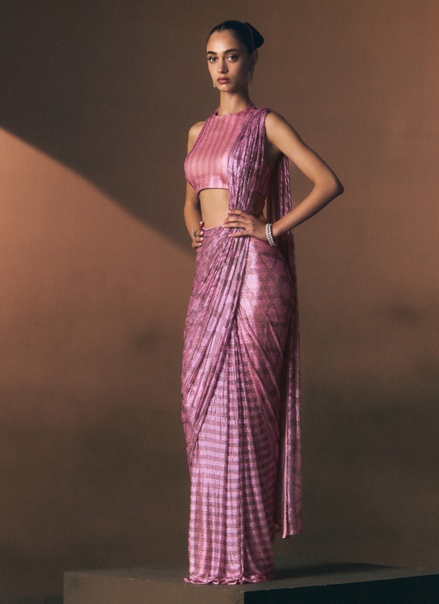 Angad Singh Onion Pink Soft Net Pre-Draped SareeFabilicious Fashion