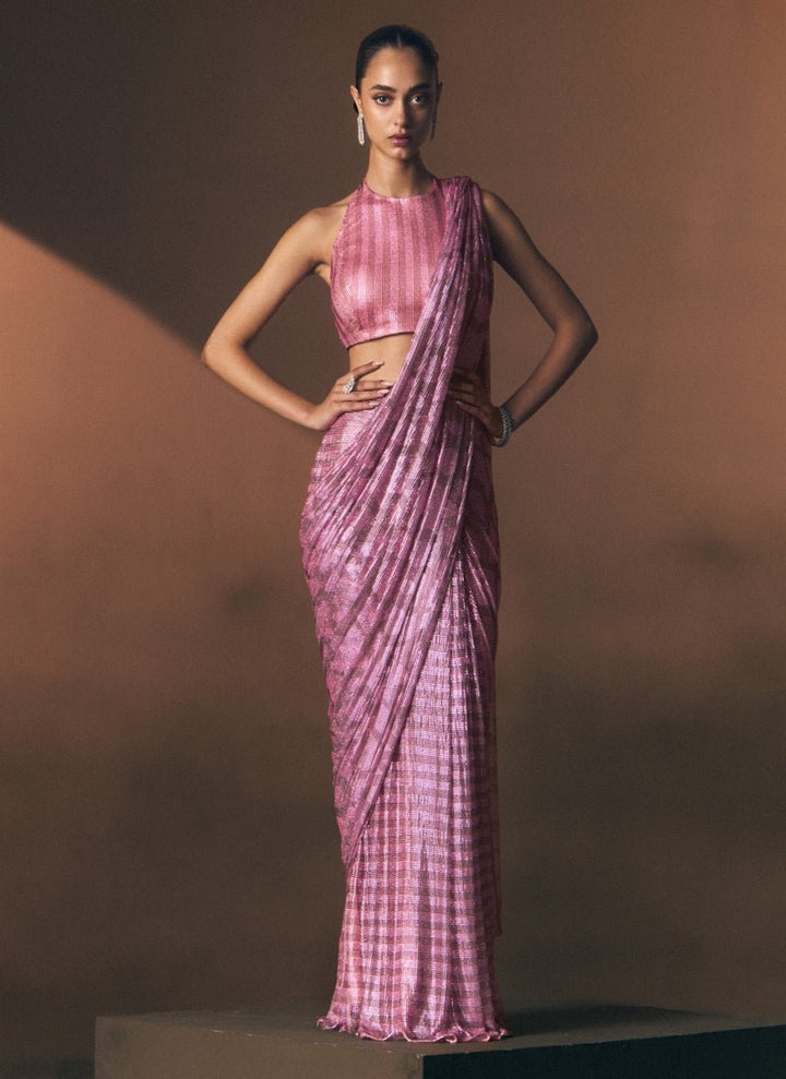 Angad Singh Onion Pink Soft Net Pre-Draped SareeFabilicious Fashion