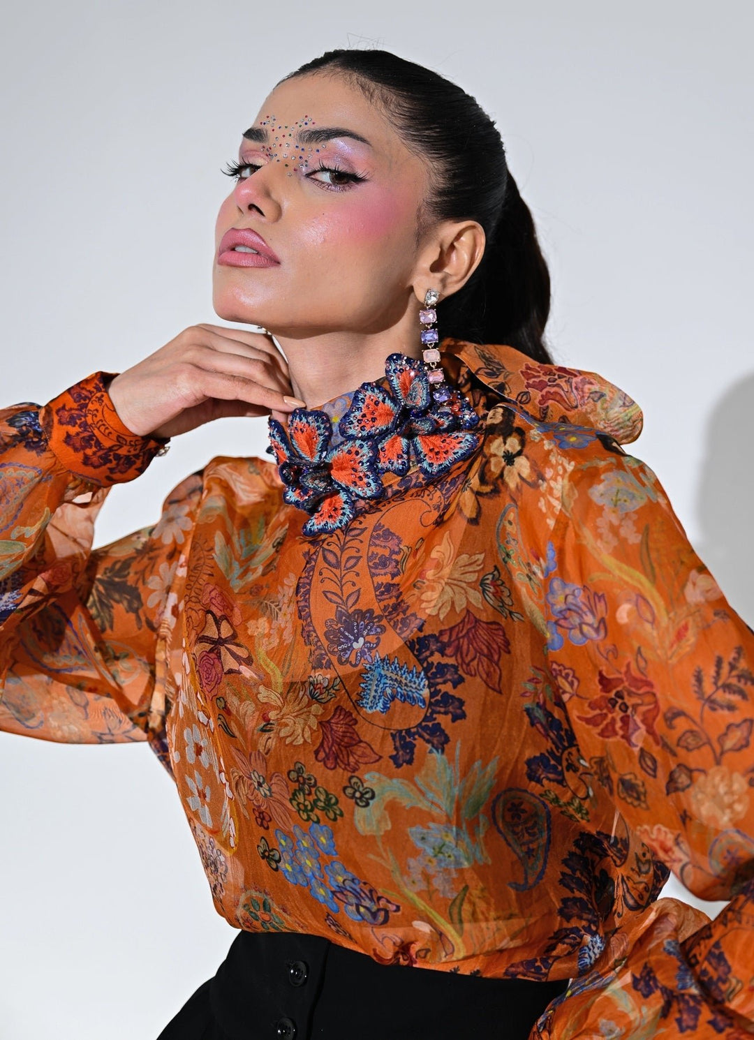 Orange And Black Floral Organza Shirt With Pants Set Juhi Bengani - Fabilicious Fashion