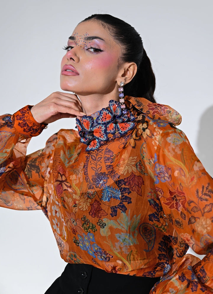 Orange And Black Floral Organza Shirt With Pants Set Juhi Bengani - Fabilicious Fashion
